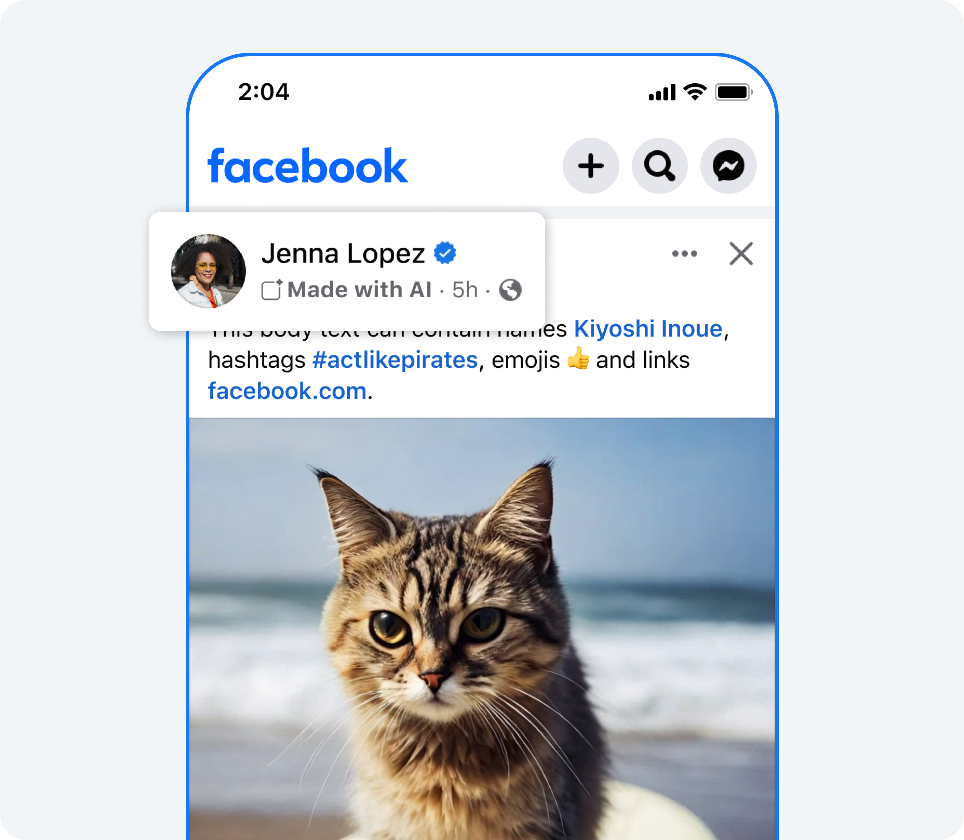 Facebook-style post showing a visible Made with AI label above a cat image