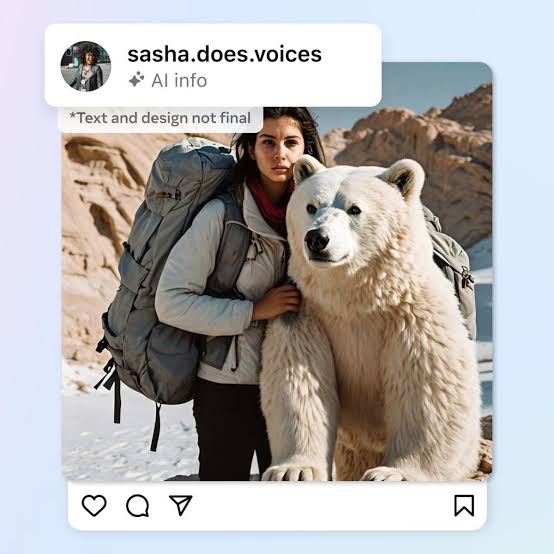 Instagram-style post showing a visible AI info label over a person with a polar bear